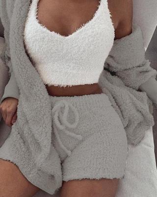 Get trendy with 3pcs Cozy Loungewear Set with Drawstring Shorts - Clothing available at Hot Trends Online. Shop Now!