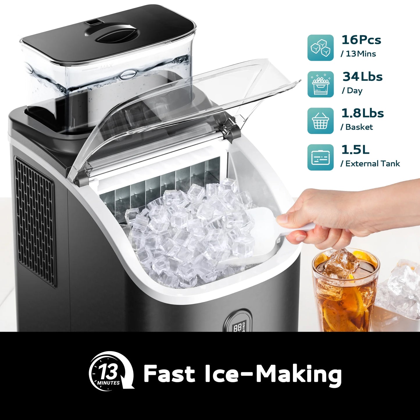Get trendy with 34.5 Lbs Cube Countertop Ice Maker with External Water Tank, 16Pcs /13 Mins, Auto-Cleaning - available at Hot Trends Online. Shop Now!