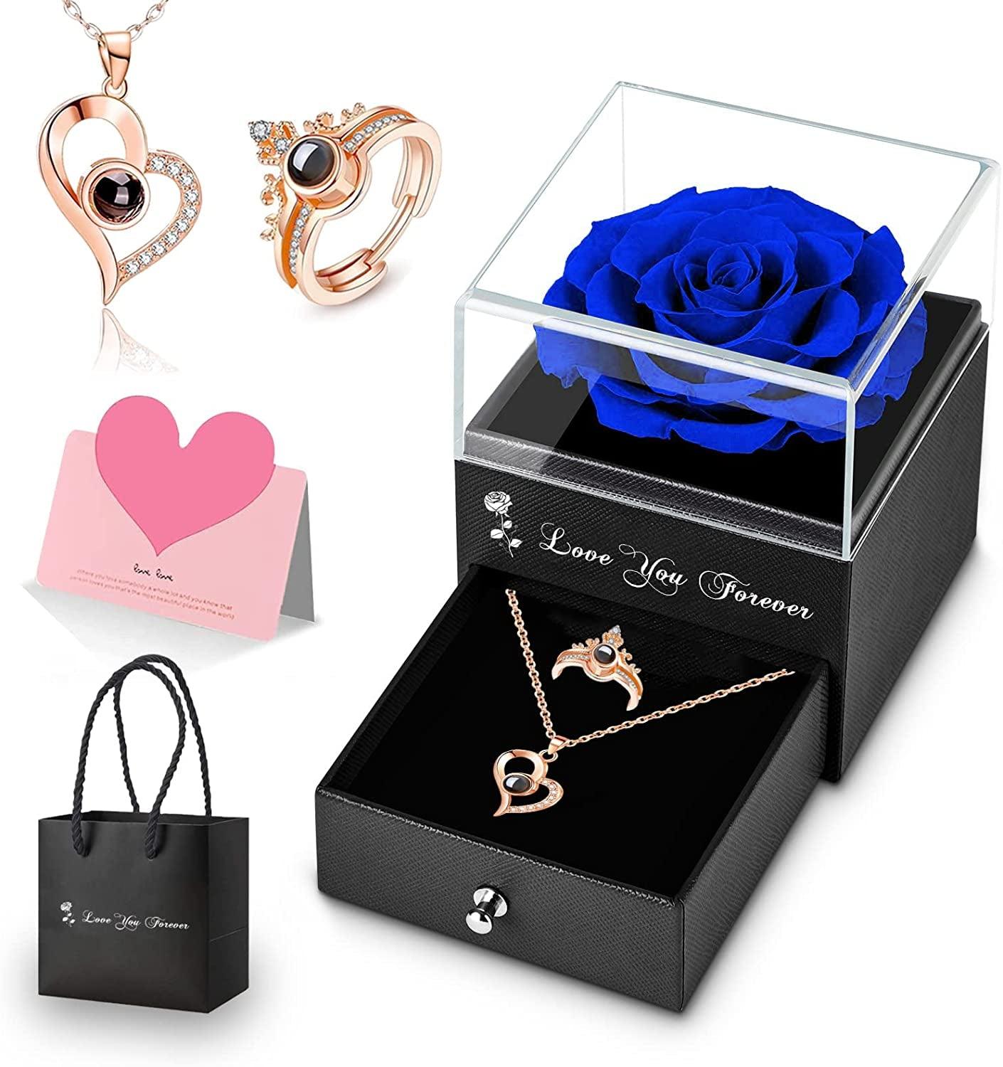 Get trendy with Preserved Blue Real Rose with I Love You Necklace - Gift available at Hot Trends Online. Shop Now!