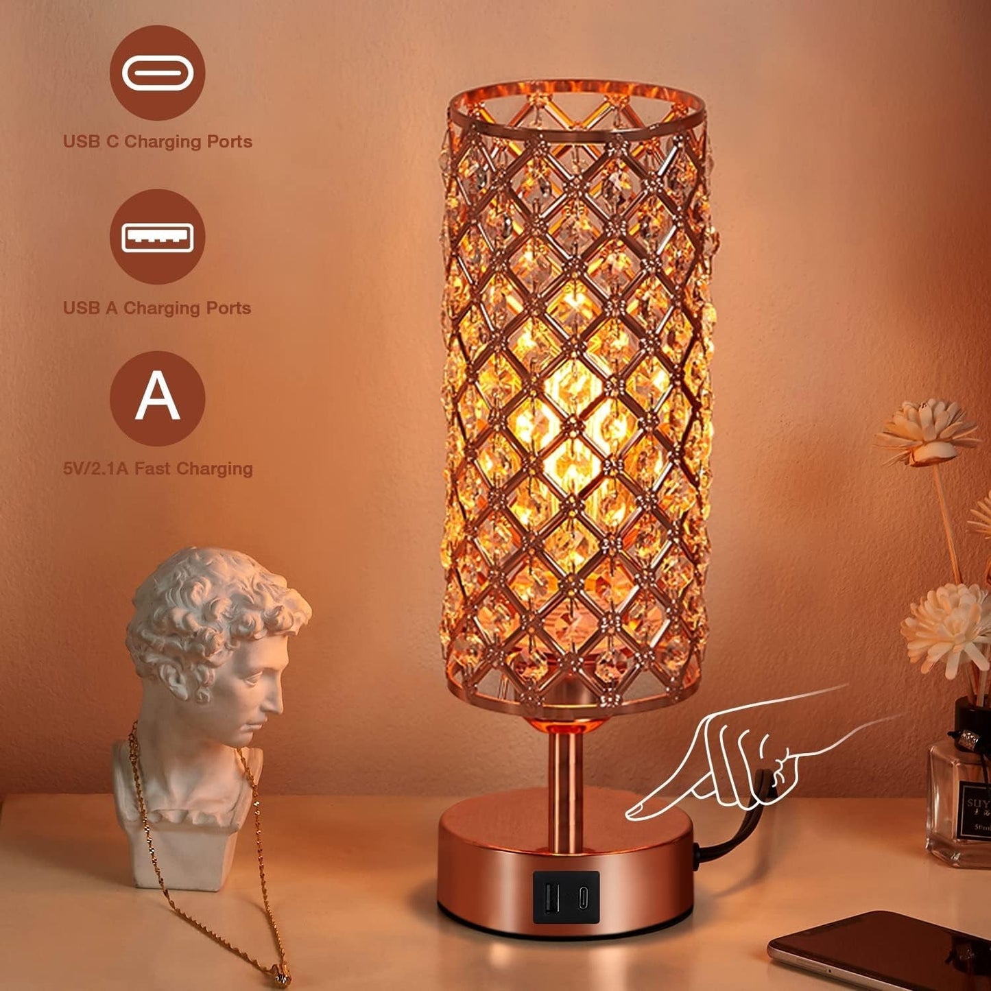 Get trendy with Crystal Rose Gold Dimmable Table Lamp - Decor available at Hot Trends Online. Shop Now!