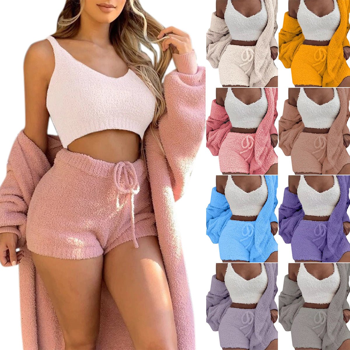 Get trendy with 3pcs Cozy Loungewear Set with Drawstring Shorts - Clothing available at Hot Trends Online. Shop Now!