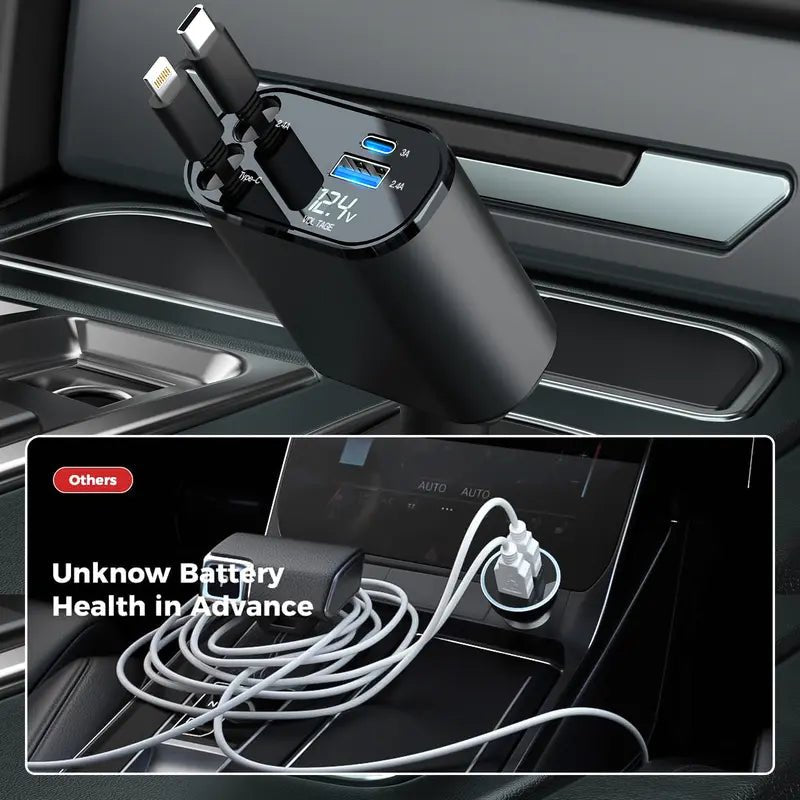 Get trendy with 4 in 1 Retractable Car Charger, USB C Fast Charging Adapter - Mobile Phone Accessories available at Hot Trends Online. Shop Now!