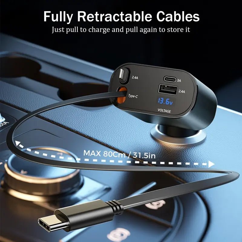 Get trendy with 4 in 1 Retractable Car Charger, USB C Fast Charging Adapter - Mobile Phone Accessories available at Hot Trends Online. Shop Now!