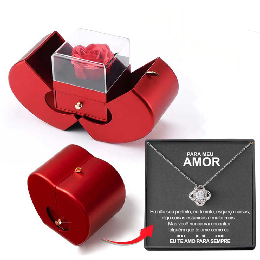 Red Apple Jewelry Box Eternal Rose Gift With Necklace
