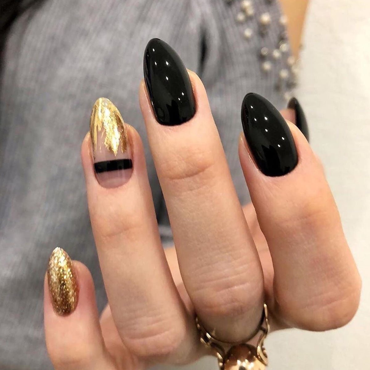 Get trendy with Black with Gold Glitter Pointed Press-on Nails - Nails available at Hot Trends Online. Shop Now!