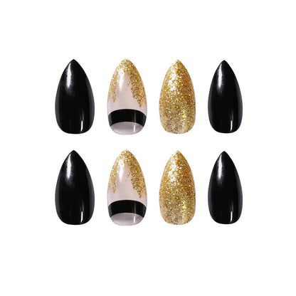 Get trendy with Black with Gold Glitter Pointed Press-on Nails - Nails available at Hot Trends Online. Shop Now!