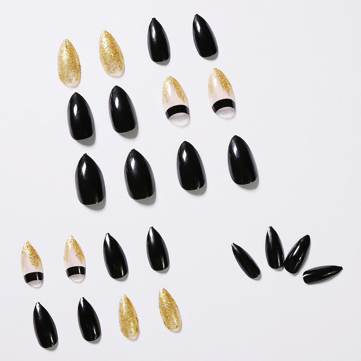 Get trendy with Black with Gold Glitter Pointed Press-on Nails - Nails available at Hot Trends Online. Shop Now!