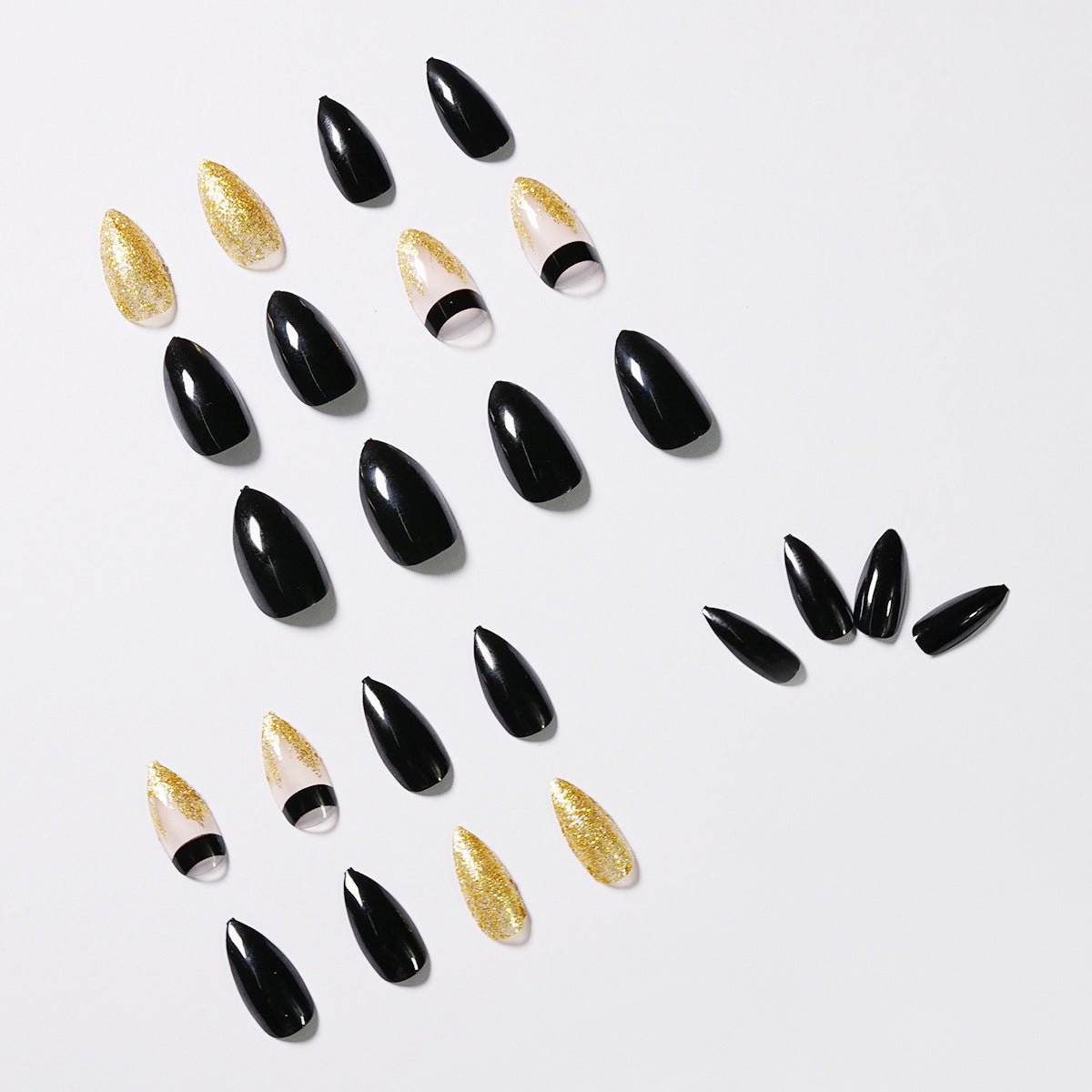 Get trendy with Black with Gold Glitter Pointed Press-on Nails - Nails available at Hot Trends Online. Shop Now!