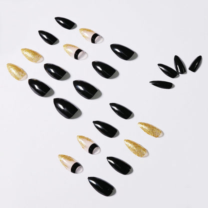 Get trendy with Black with Gold Glitter Pointed Press-on Nails - Nails available at Hot Trends Online. Shop Now!